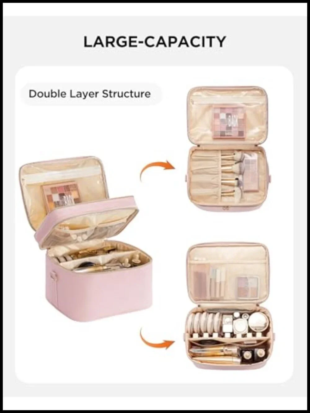 HBlife Extra Large Double Layer Travel Makeup Bag Portable Leather Cosmetic Bag